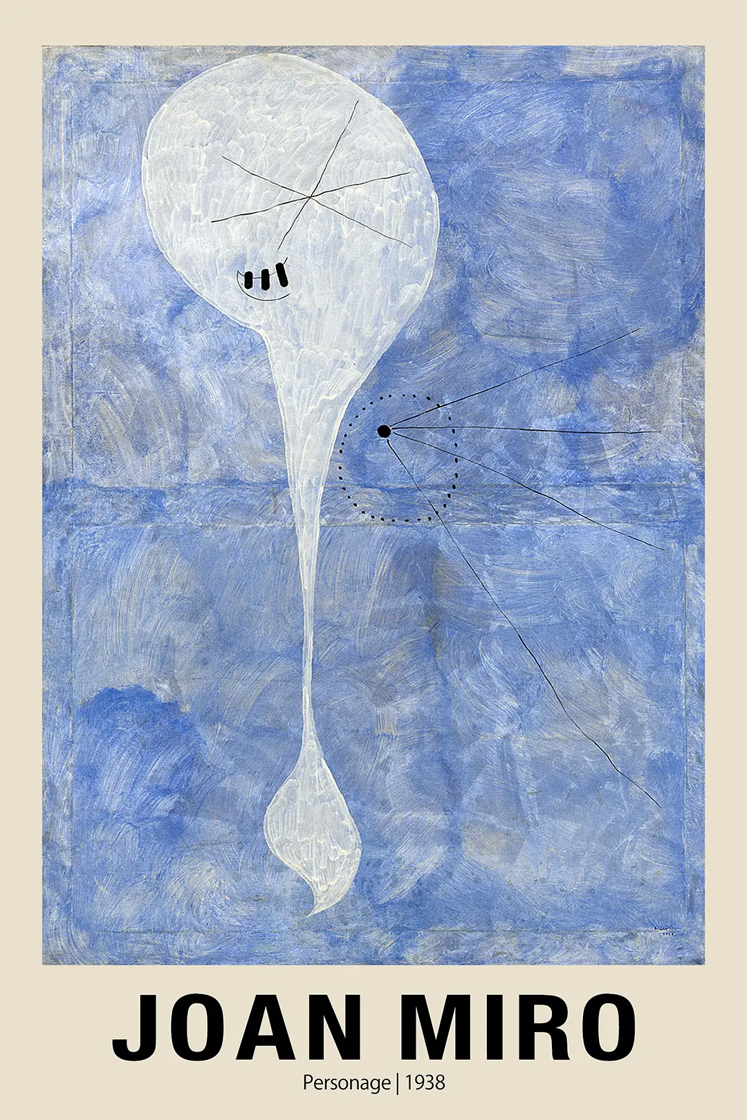 Joan Miro Personage 1938 - Surrealist Abstract Wall Art Print Joan Miro Personage 1938 Surrealist Painting Showing A White Biomorphic Shape On A Textured Blue Background.