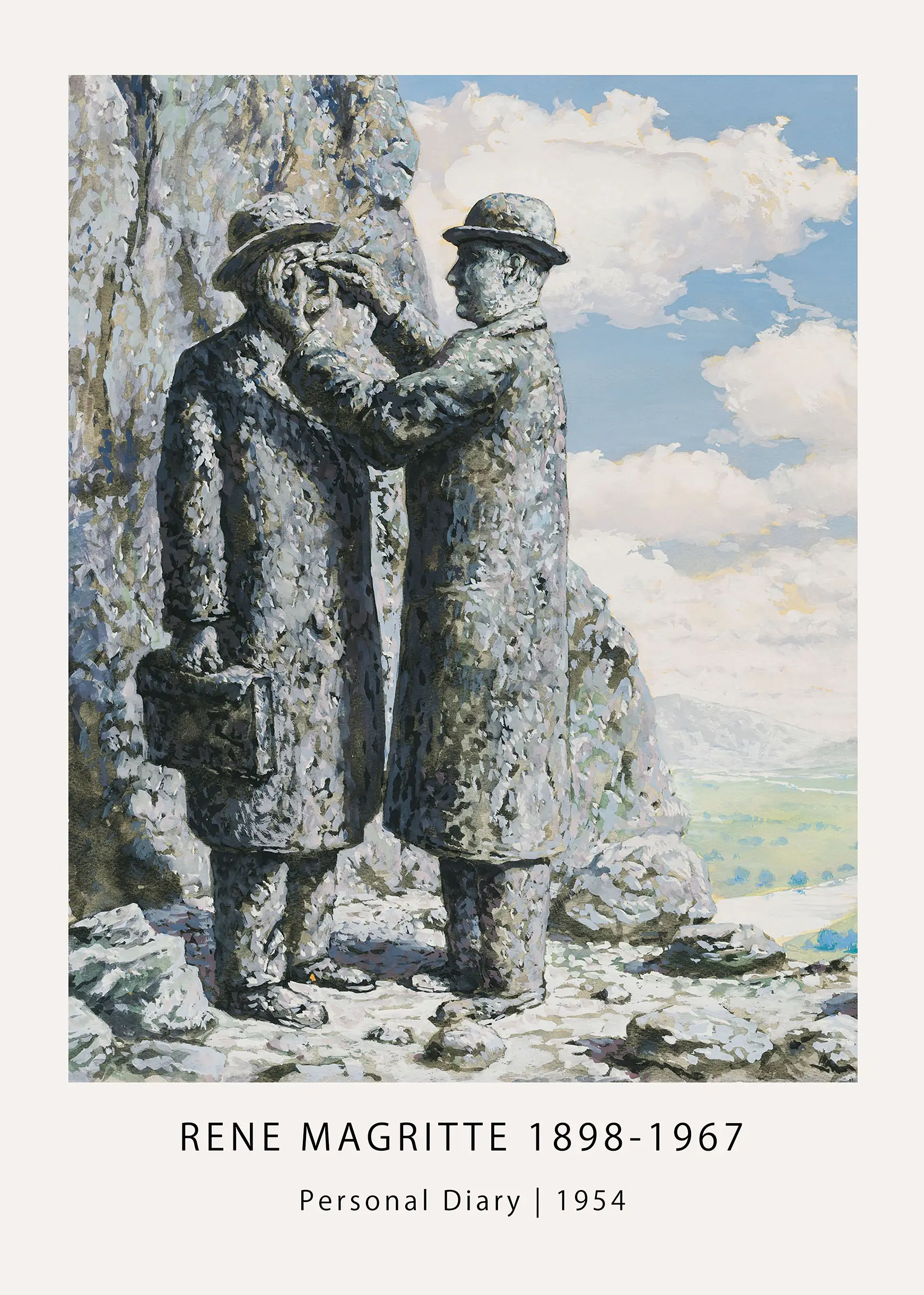Exclusive Magritte Personal Diary Print - 1954 Surrealist Stone Men Art Magritte Personal Diary Print Featuring Two Stone-Textured Men In Bowler Hats On A Cliffside Overlooking A Valley.