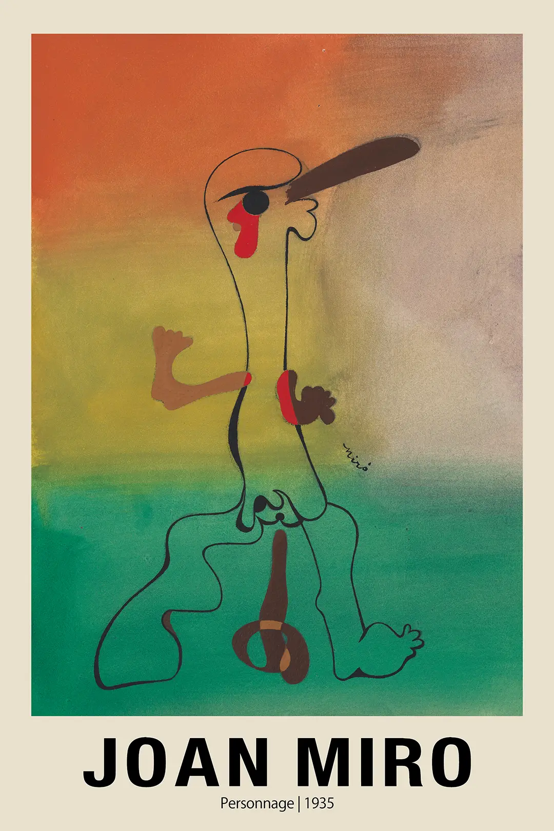 Classic Joan Miro Personnage - 1935 Surrealist Abstract Wall Art Print Joan Miro Personnage 1935 Surrealist Figure With Black Outlines And Red Accents On An Orange And Green Gradient Background.