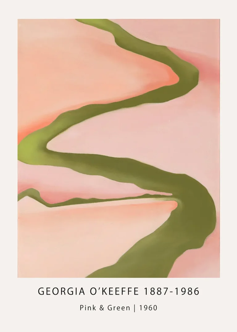 Georgia O'Keeffe print of Pink and Green 1960. A winding green line flows through soft pink and peach abstract shapes.