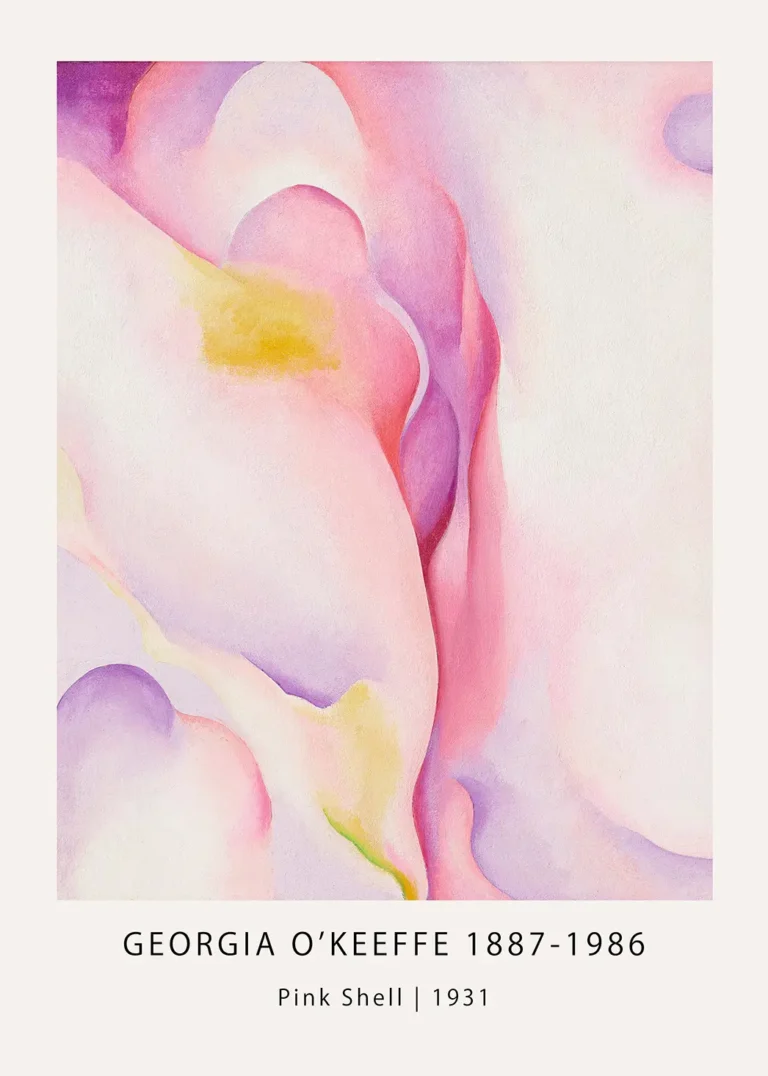 Georgia O'Keeffe Pink Shell painting with abstract pastel pink and lavender organic curves in a modernist style.