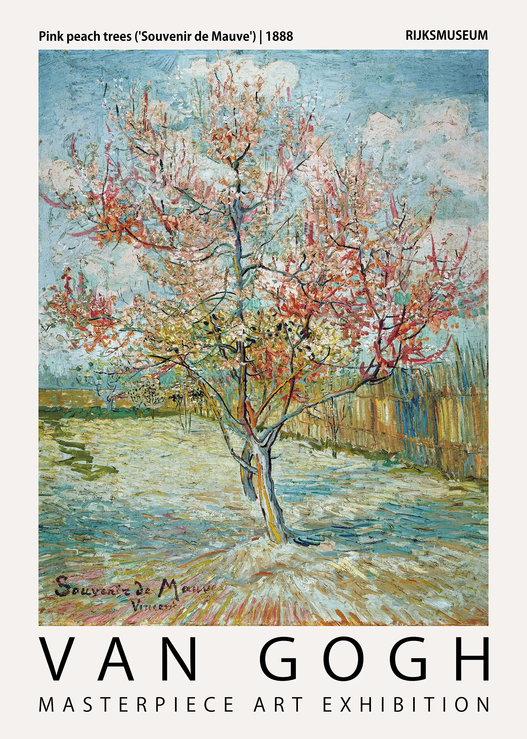 Classic Van Gogh Peach Trees Print - Souvenir De Mauve Exhibition Art Van Gogh Peach Trees Print Showing A Blossoming Tree With Pink Flowers Against A Blue Sky In An Exhibition Poster Style.