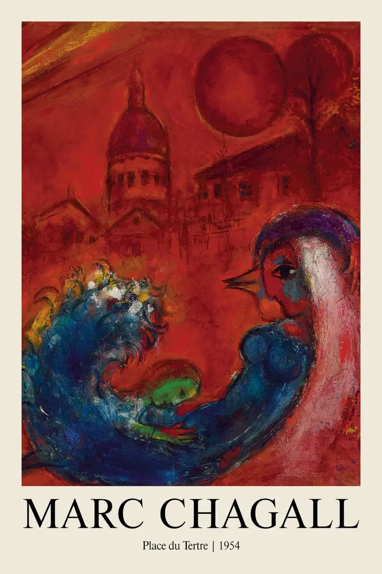 Place du Tertre 1954 — dreamlike 1954 Parisian scene by Marc Chagall featuring the Sacré-Cœur