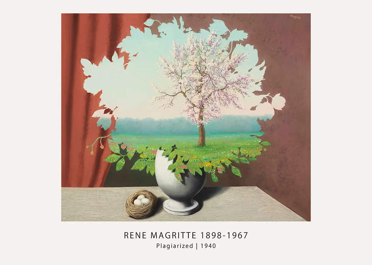 Exclusive Rene Magritte Plagiarized - 1940 Surrealist Art Print Rene Magritte Plagiarized Painting With Blooming Tree Silhouette In A Vase And A Bird Nest With Three Eggs.
