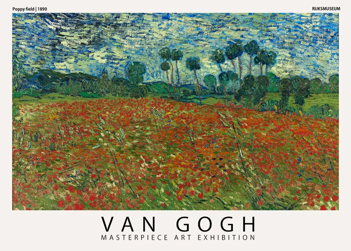 Van Gogh poppy field poster showing a red floral meadow and blue sky from his 1890 Auvers-sur-Oise period.