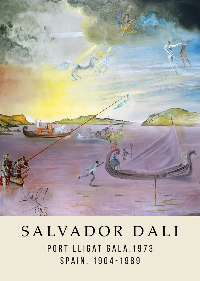Salvador Dali Port Lligat — this surrealist composition features ethereal ships, winged horses, and