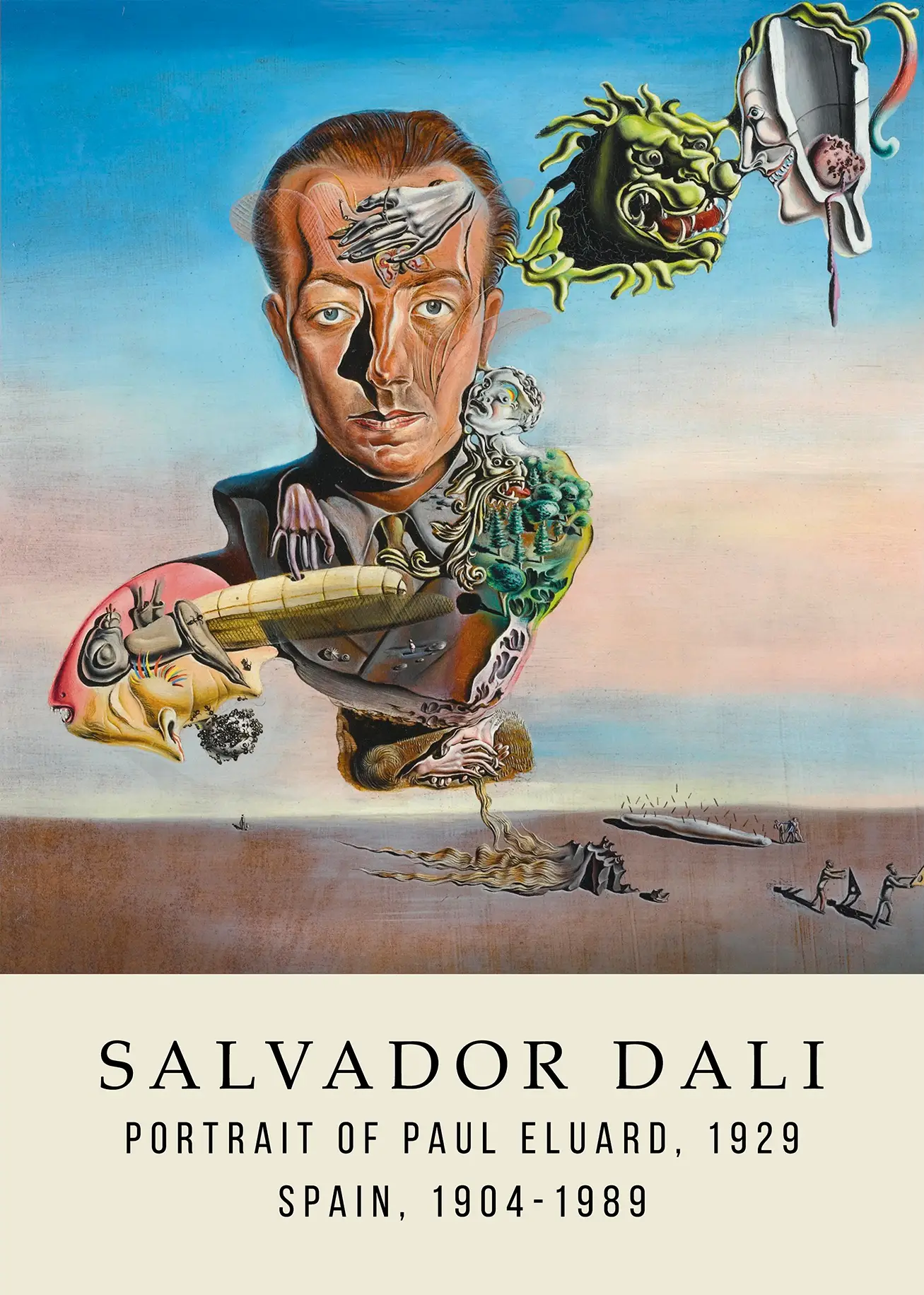 Authentic Paul Eluard Portrait - Salvador Dali 1929 Surrealist Wall Art Paul Eluard Portrait By Salvador Dali Featuring A Floating Head With A Lion And Grasshopper In A Surrealist Desert.
