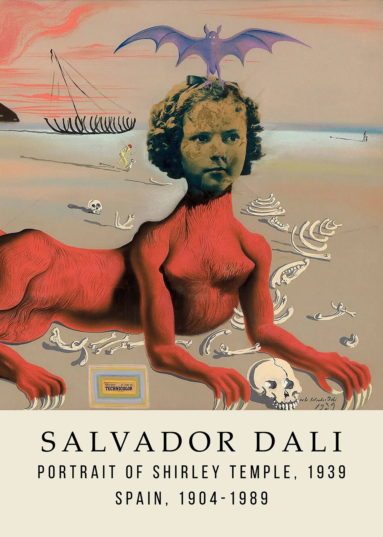 Authentic Salvador Dali Shirley Temple - 1939 Surrealist Art Print Salvador Dali Shirley Temple Print Showing A Red Sphinx Body, Bat Crown, And Human Bones On A Coastal Beach Background.