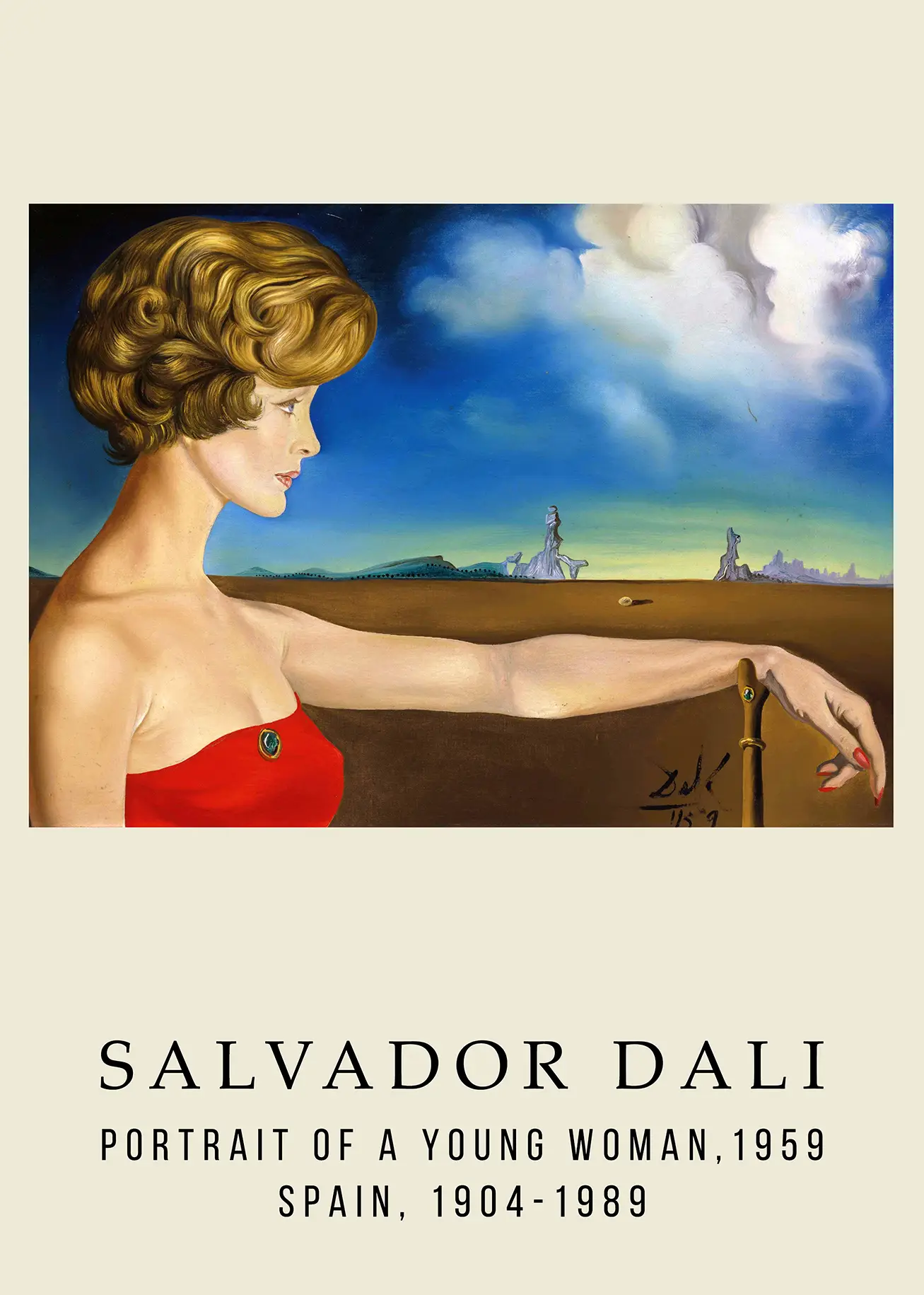 Salvador Dali Print - Portrait Of A Young Woman 1959 Surrealist Art Salvador Dali Print Of The 1959 Portrait Of A Young Woman Showing A Blonde Woman In Profile Against A Surreal Desert.