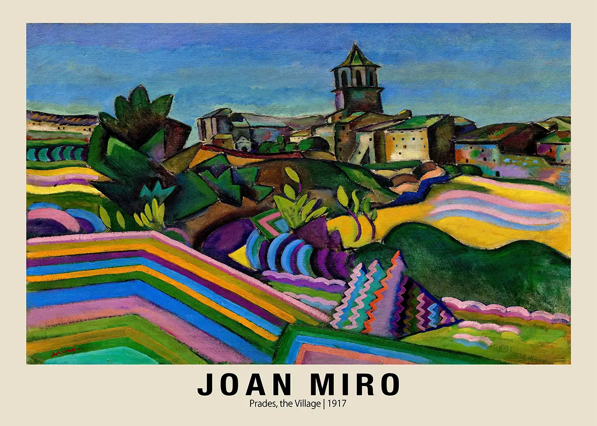 Joan Miro art print Prades the Village 1917 featuring geometric colorful fields and a Spanish church tower.
