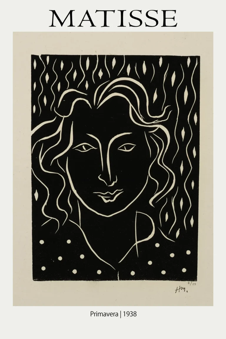 Matisse Primavera Linocut — stark black and white linocut portrait by Henri Matisse featuring a