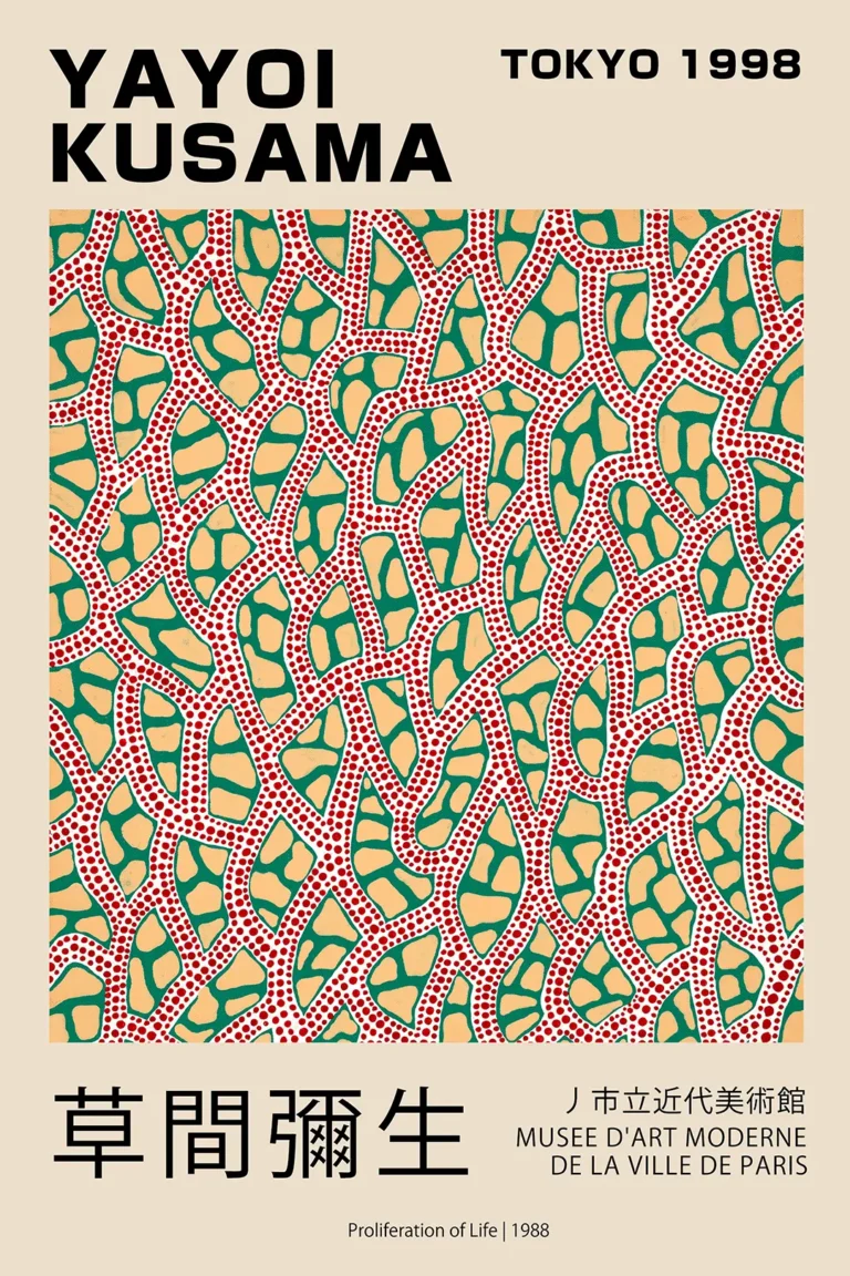 Yayoi Kusama Proliferation Life — rhythmic abstract composition featuring Kusama's signature red dot
