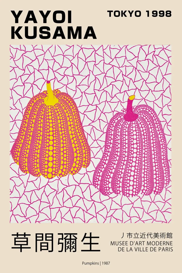 Yayoi Kusama Pumpkins 1987 — two vibrant polka-dot pumpkins in pink and yellow set against a