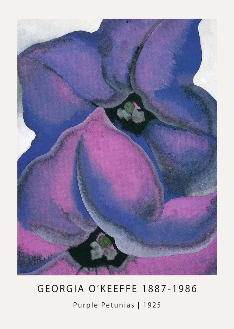 Georgia O'Keeffe print of 1925 Purple Petunias featuring macro-view violet petals and deep shadows in a modernist style.