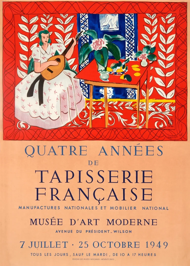 Matisse Quatre Annees Tapisserie — 1949 French exhibition poster featuring a woman playing a mandolin
