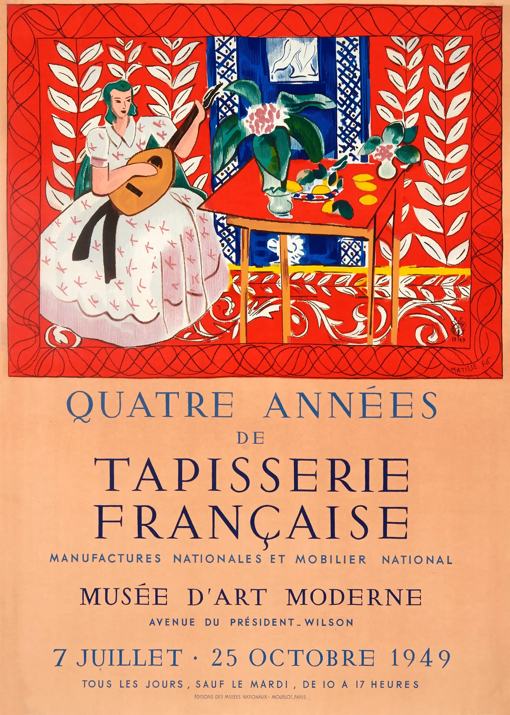 Matisse Exhibition Poster - 1949 French Tapisserie Art Print Matisse Exhibition Poster 1949 Showing A Woman Playing A Lute With Red And Blue Patterns And French Typography.
