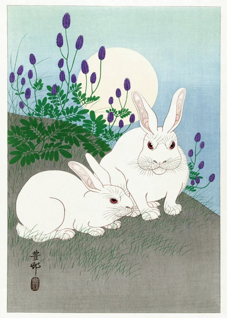 Rabbits Full Moon Ohara — classic Japanese woodblock print featuring two white rabbits with pink