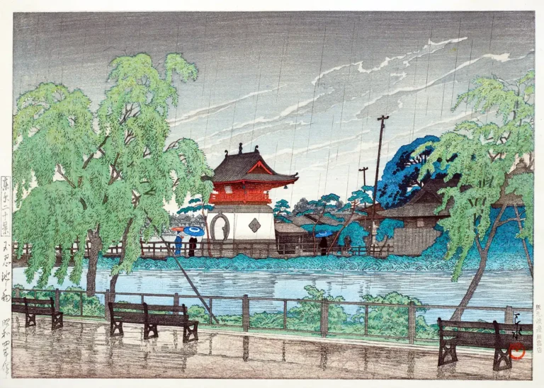 Rain Shinobazu Pond Hasui — serene Japanese woodblock scene depicting rain falling over Shinobazu