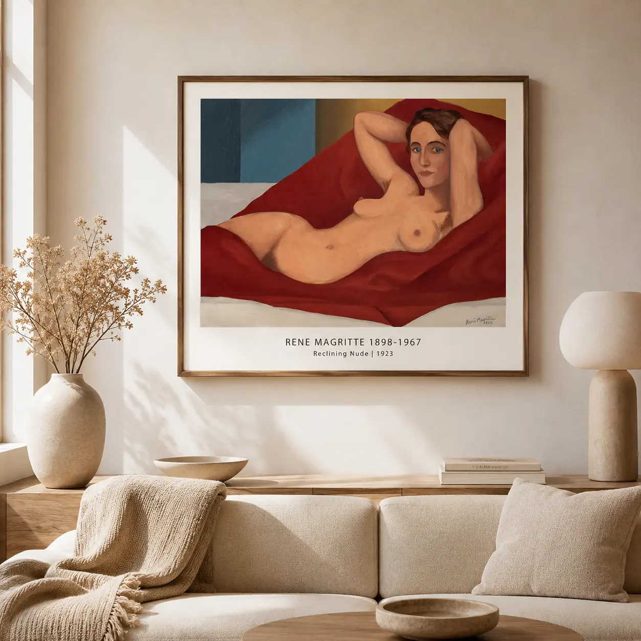 Room mockup of Reclining Nude Print, Early Magritte Modernist Wall Art Print, displayed as framed wall art in a bedroom setting as a landscape print with blue and red tones.
