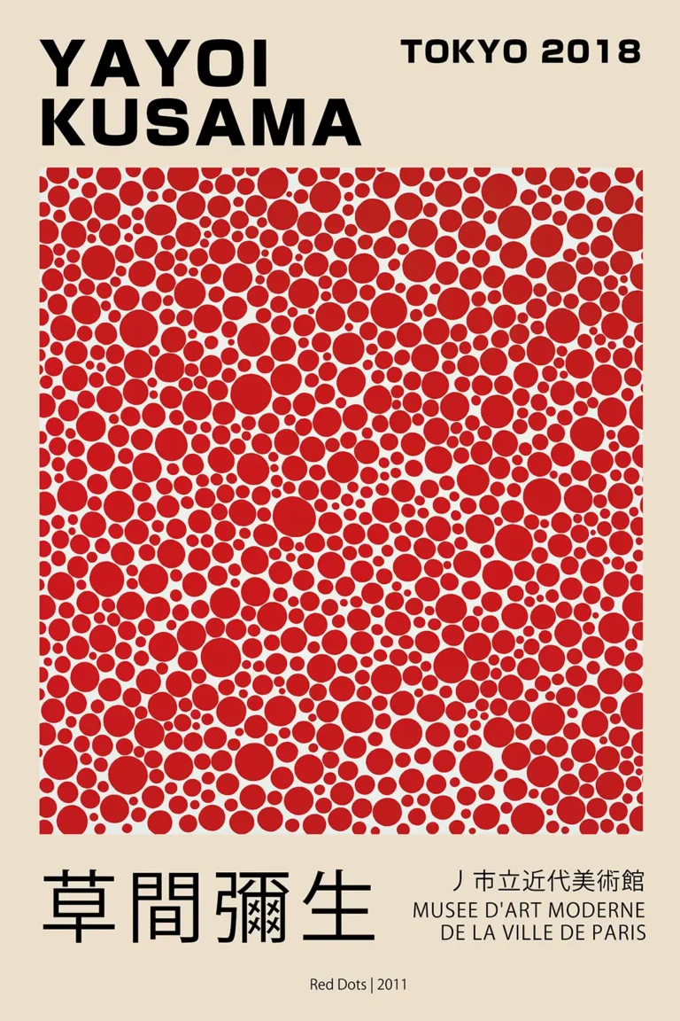 Yayoi Kusama Red Dots — vibrant Yayoi Kusama exhibition poster featuring a dense pattern of red