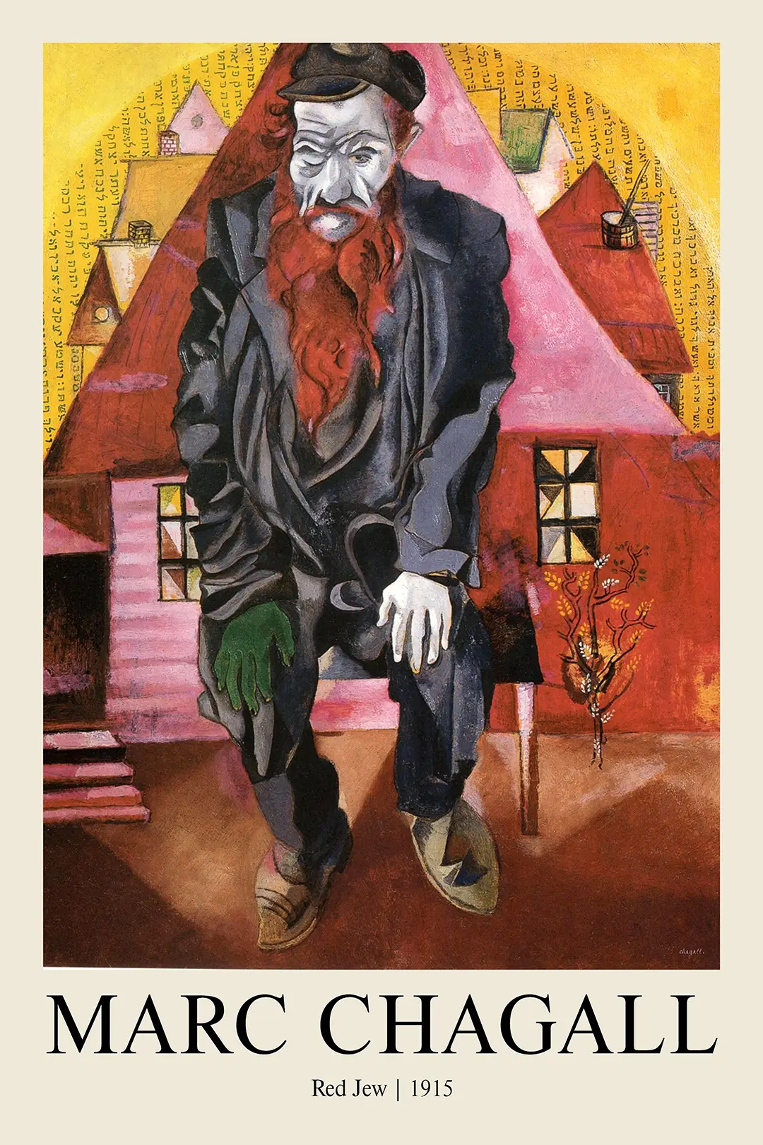 Classic Marc Chagall Red Jew Print - 1915 Expressionist Russian Art Marc Chagall Red Jew Print Showing An Elderly Man With A Red Beard Sitting Before A Village With Hebrew Text In The Sky.