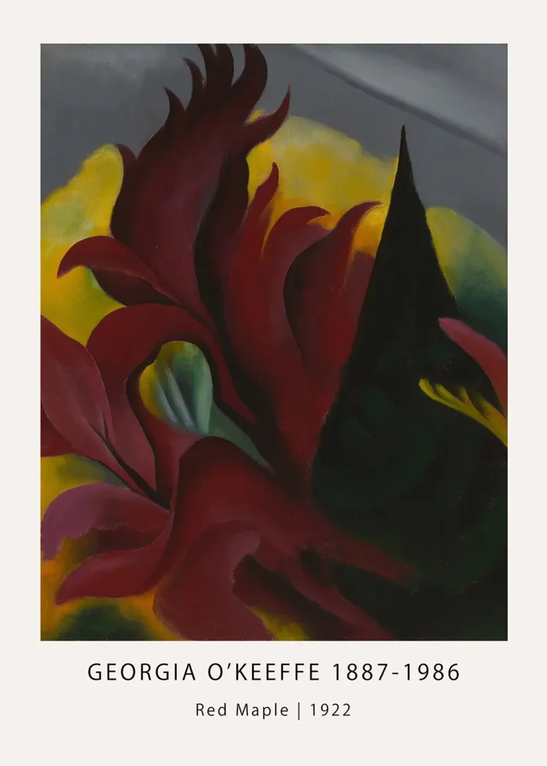 Georgia O'Keeffe print of the 1922 Red Maple painting showing abstract red leaves against a yellow and green background.