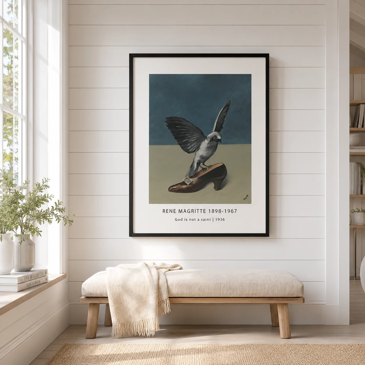Room mockup of René Magritte Bird Print, God Is Not a Saint Wall Art Print, displayed as framed wall art in a bedroom setting as a portrait print with blue and brown tones.