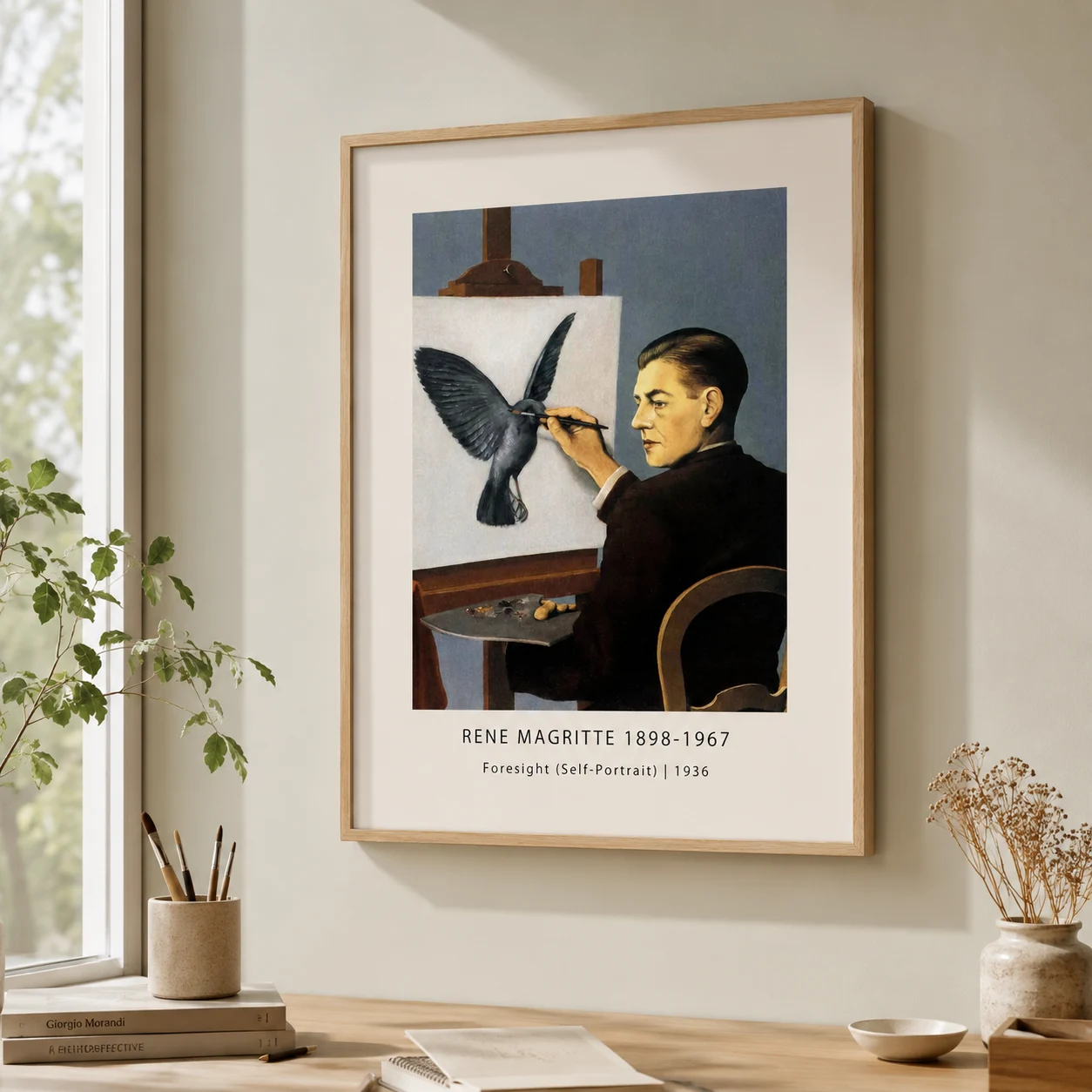 Room mockup of René Magritte Clairvoyance Print, Egg and Bird Portrait, displayed as framed wall art in a bedroom setting as a portrait print.