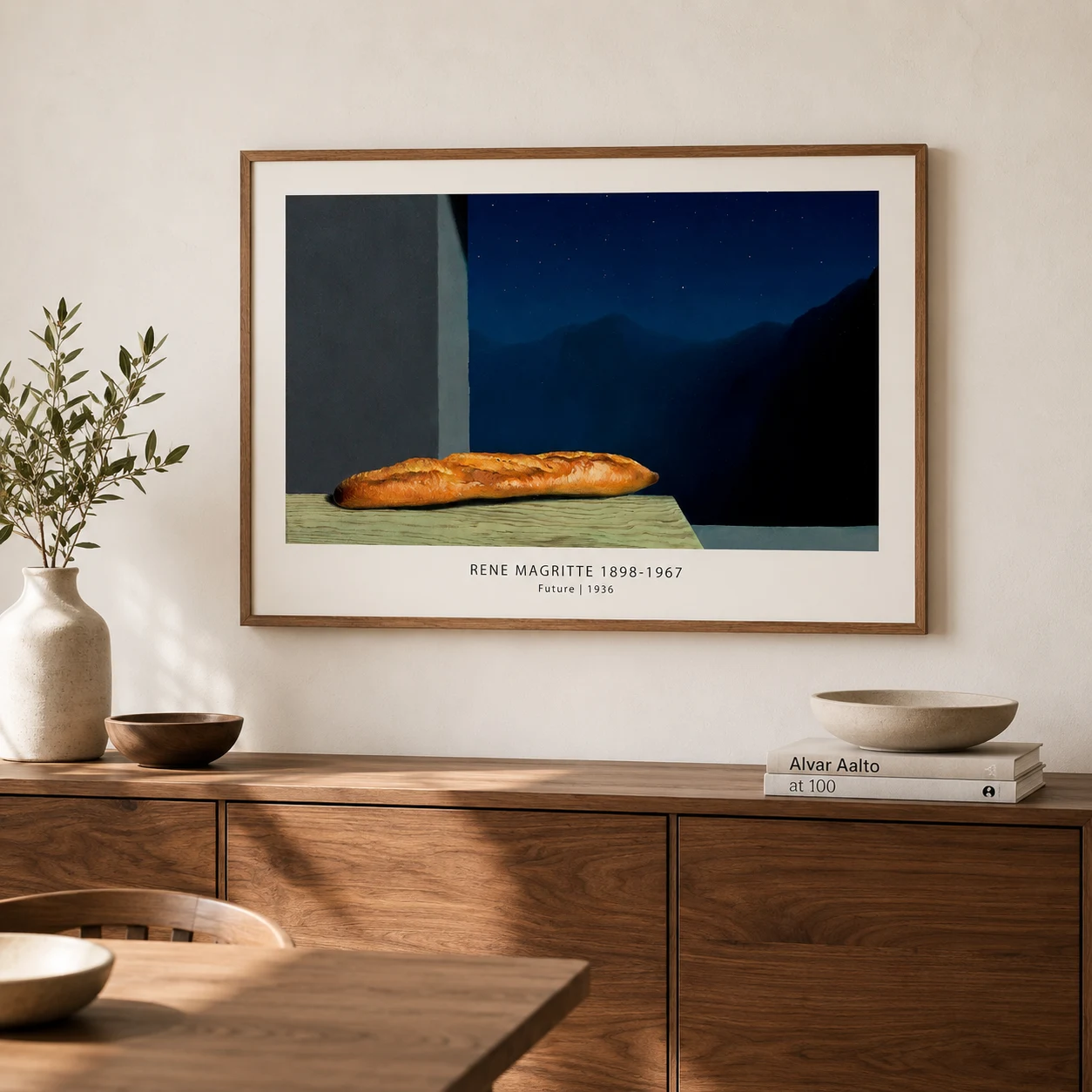 Room mockup of René Magritte Future Art Print, Baguette Night Scene, displayed as framed wall art in a living room setting as a landscape print with blue tones.