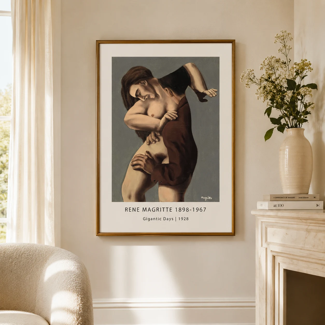Room mockup of René Magritte Gigantic Days Print, Surreal Figure Art, displayed as framed wall art in a living room setting as a portrait print with black and white tones.