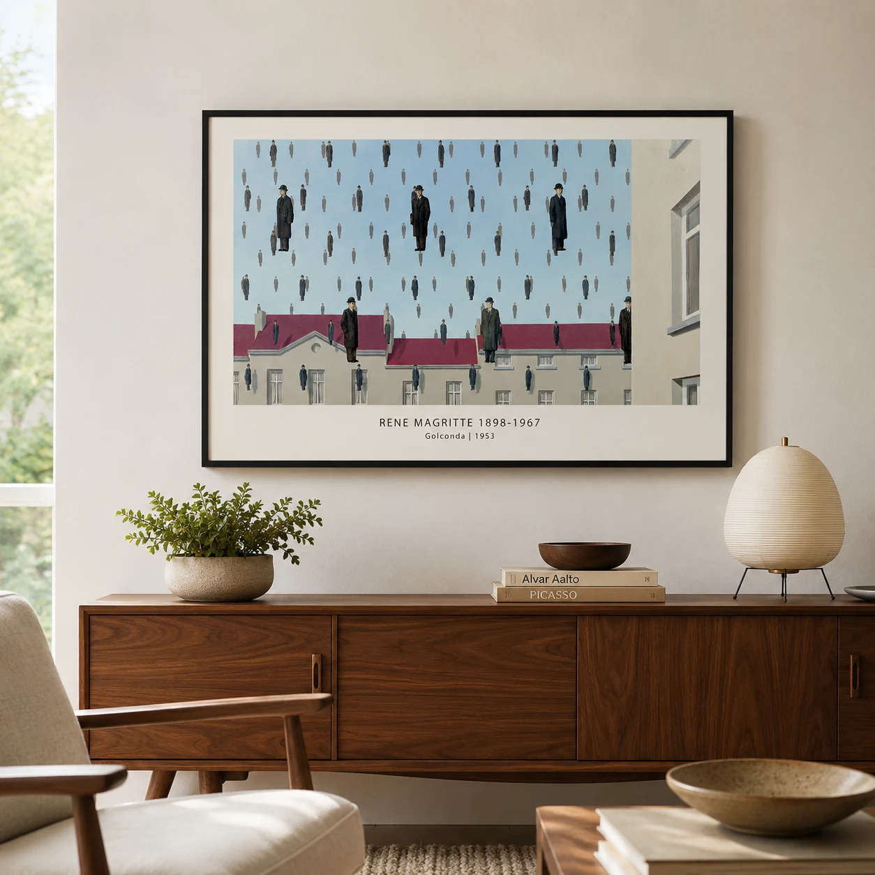 Room mockup of René Magritte Golconda Poster, Bowler Hat Wall Art Print, displayed as framed wall art in a living room setting as a landscape print with blue and red tones.