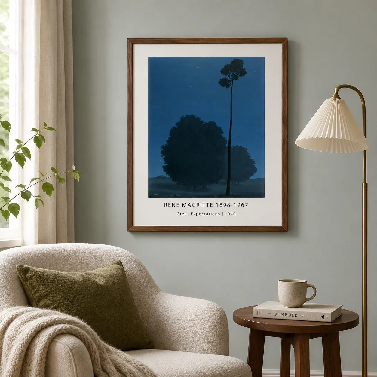 Room mockup of René Magritte Great Expectations Print, Dark Tree Sky Art, displayed as framed wall art in a bedroom setting as a portrait print with blue tones.