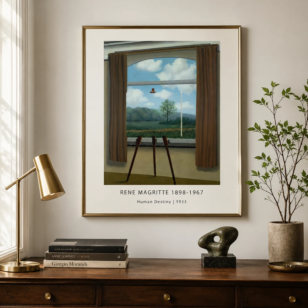 Room mockup of René Magritte Human Destiny Poster, Easel Window Illusion, displayed as framed wall art in a living room setting as a portrait print.