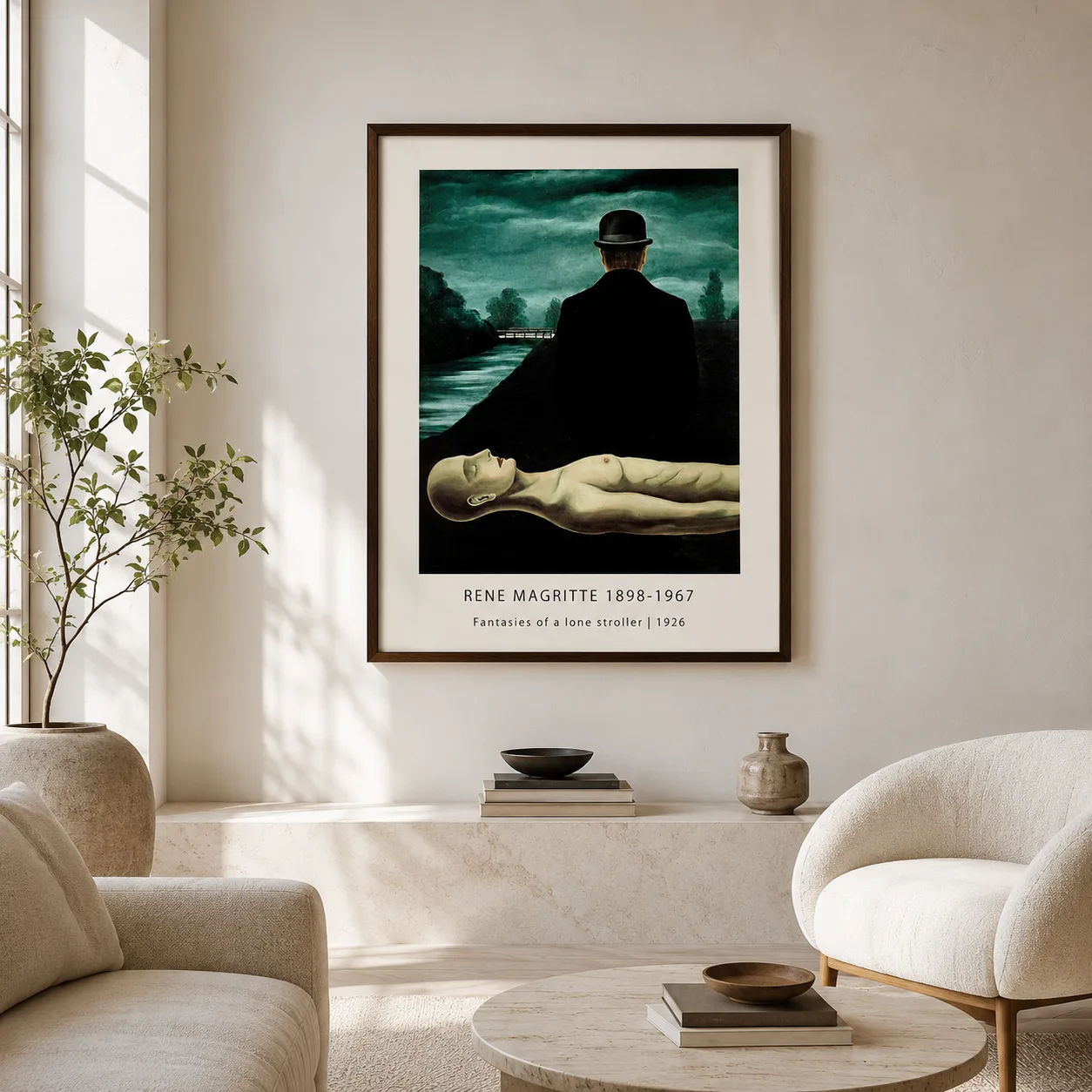 Room mockup of René Magritte Lone Stroller Poster, Dark Surreal Figure Art, displayed as framed wall art in a living room setting as a portrait print with green tones.