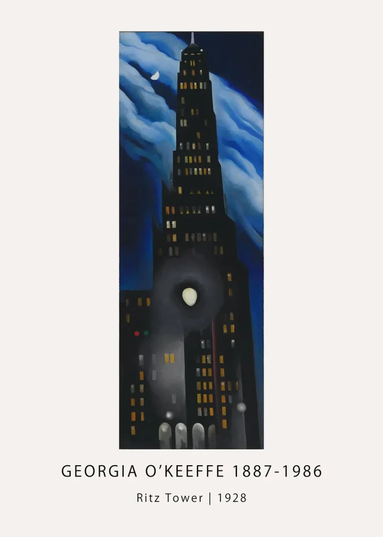 Georgia O'Keeffe print Ritz Tower 1928 painting showing a dark New York skyscraper at night with glowing yellow windows.