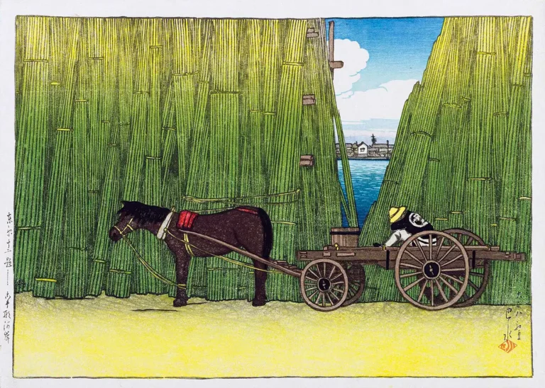 Kawase Hasui Riverbank Komagata — dark horse and wooden cart rest against towering walls of bundled green