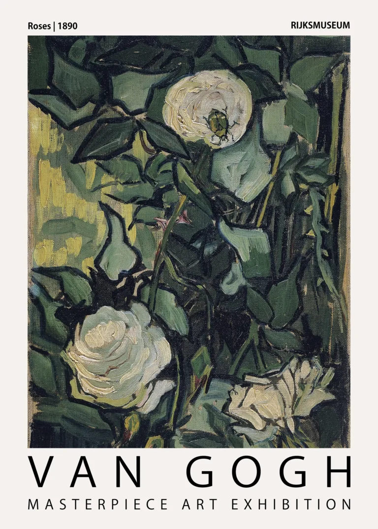 Van Gogh Roses 1890 — museum-style exhibition poster showcasing Vincent van Gogh's 1890 white