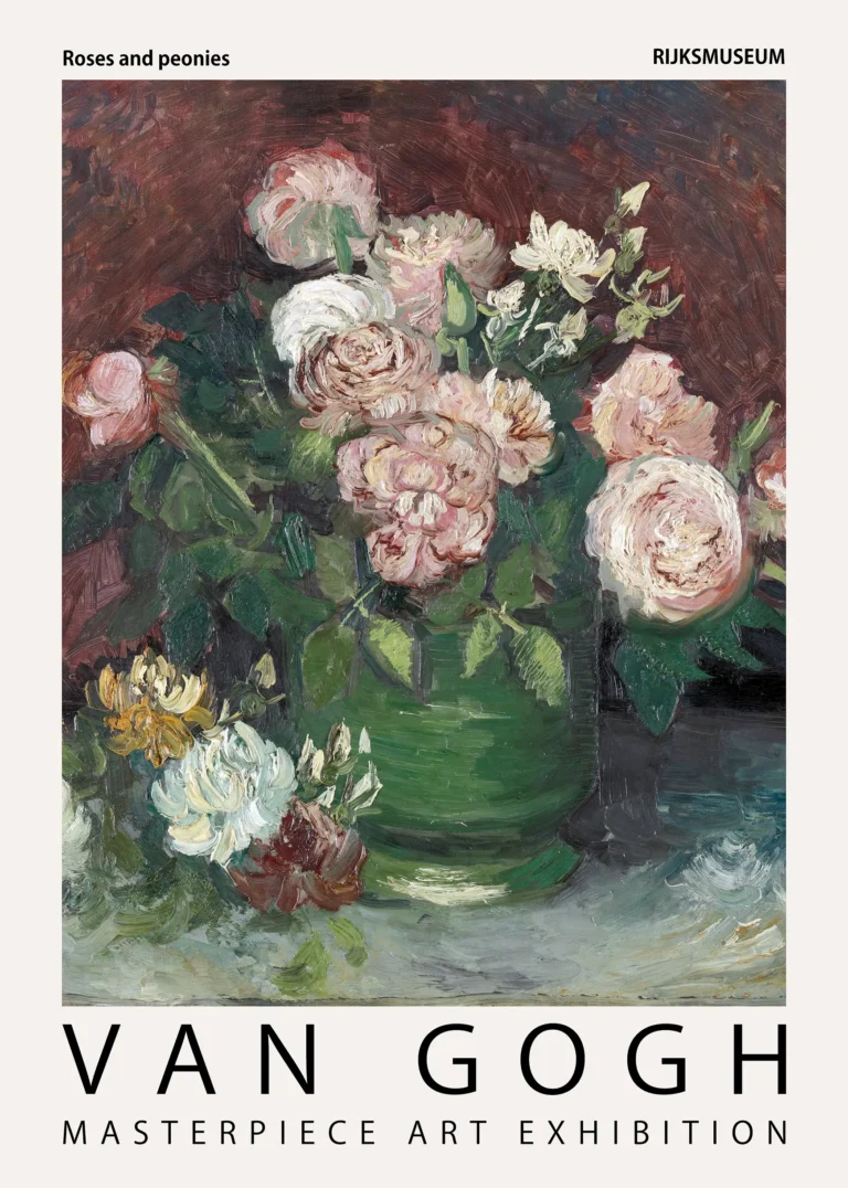 Van Gogh Roses Peonies — lush arrangement of pink roses and white peonies in a green glass vase