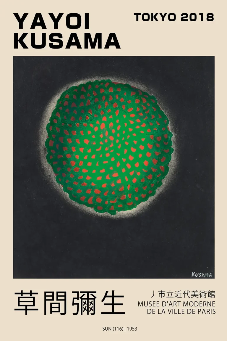 Yayoi Kusama Sun 116 — featuring the 1953 Sun (116) motif, this Tokyo exhibition poster