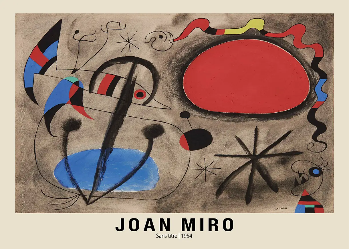 Classic Joan Miro Poster - Sans Titre 1954 Surrealist Wall Art Joan Miro Poster Showing Sans Titre 1954 With Red Sun, Blue Pool, Black Lines, And Stars On Grey Textured Background.