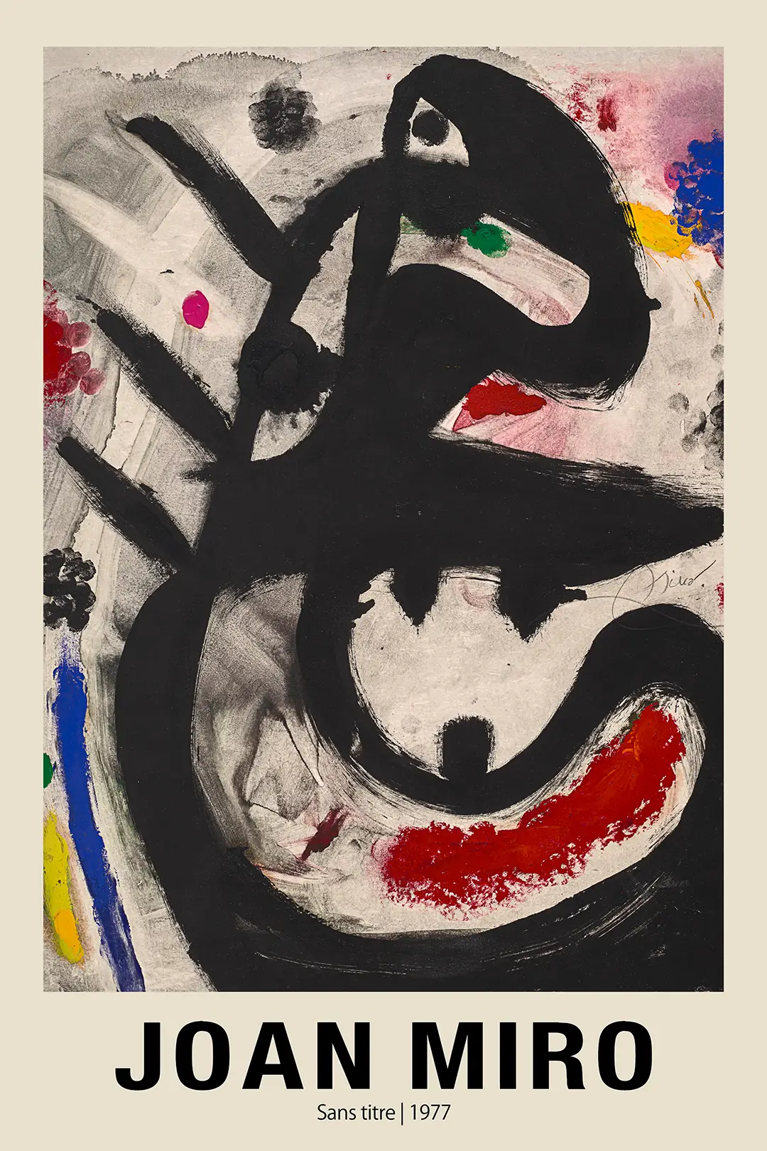 Authentic Joan Miró Print - 1977 Sans Titre Abstract Surrealist Wall Art Joan Miró Print Titled Sans Titre 1977 Featuring Black Calligraphic Strokes And Primary Color Splashes On Grey Background.