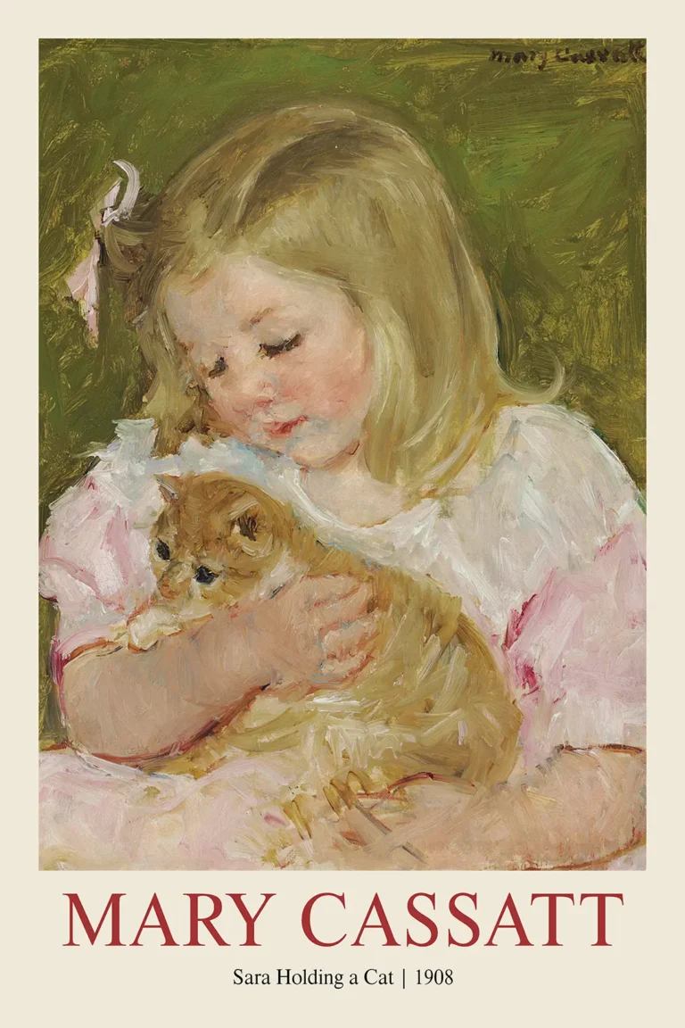 Sara Holding Cat 1908 — this Impressionist art print features Mary Cassatt's 1908 painting of a
