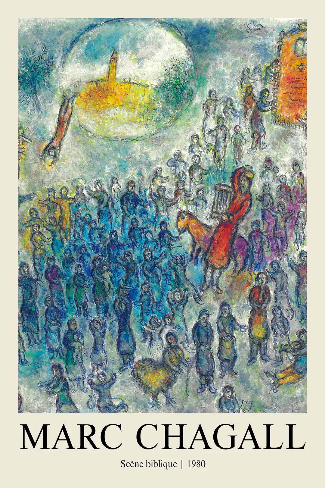 Marc Chagall Poster - Scène Biblique 1980 Vintage Exhibition Wall Art Marc Chagall Poster Showing A Blue-Toned Biblical Scene With A Harper On A Horse And A Large Glowing Orb.