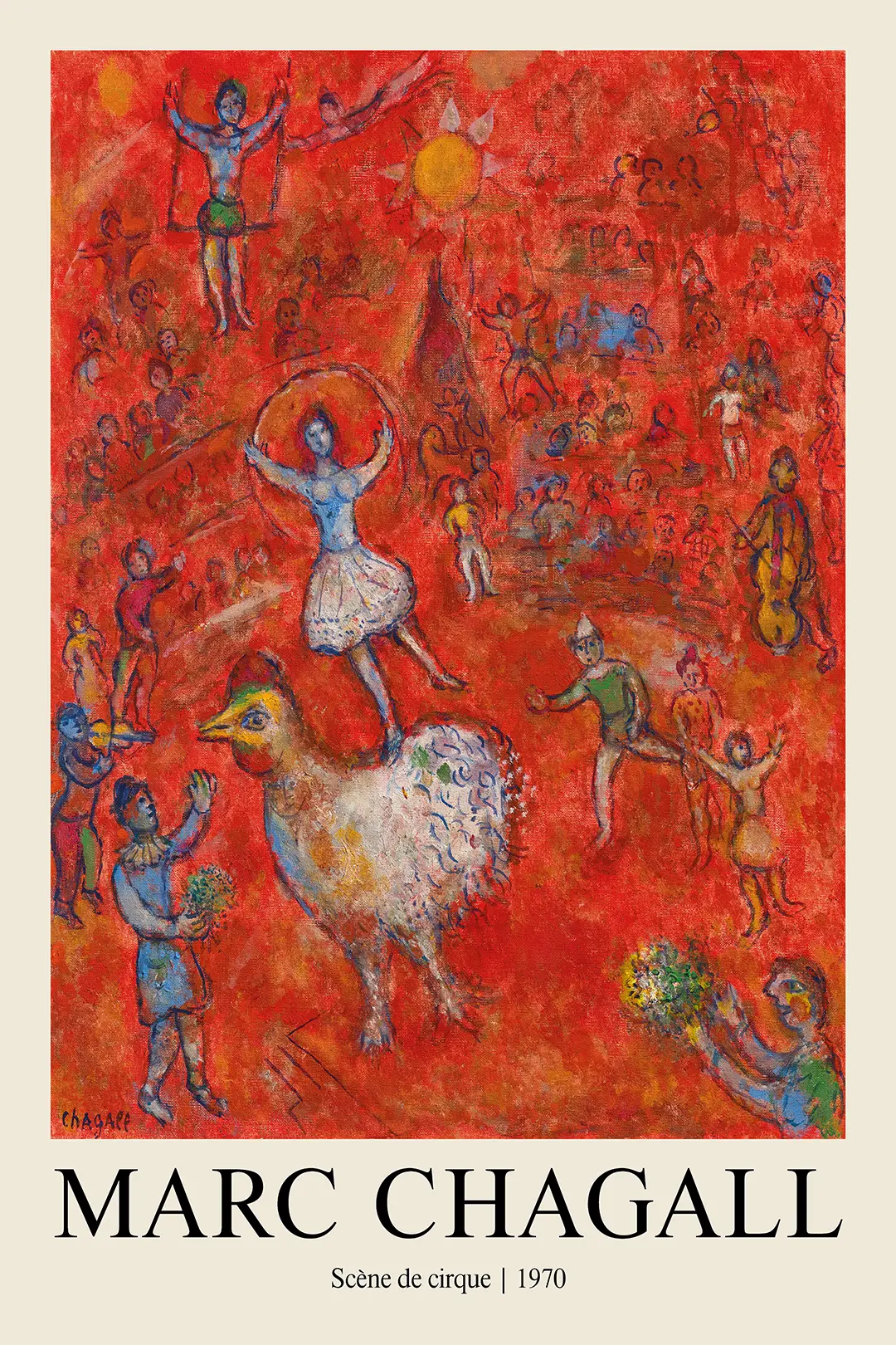 Marc Chagall Circus Print - Authentic Scène De Cirque 1970 Art Poster Marc Chagall Circus Print Showing A White Rooster And A Dancer On A Red Background With Acrobats In 1970 Expressionist Style.
