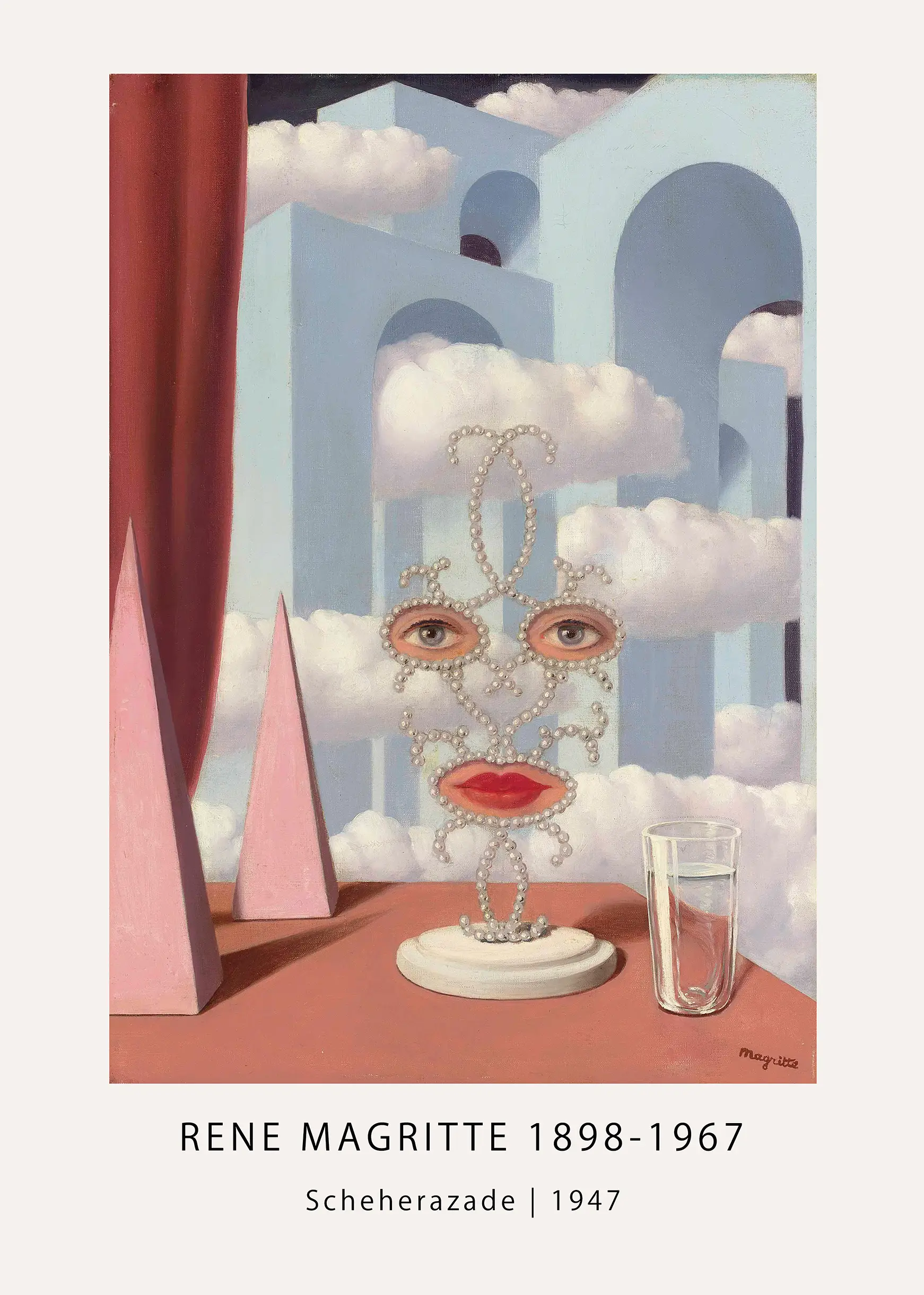 Magritte Scheherazade Print - 1947 Surrealist Belgian Wall Art Magritte Scheherazade Print Showing A Face Outlined In Pearls With Realistic Eyes And Lips Against Blue Arches And Clouds.