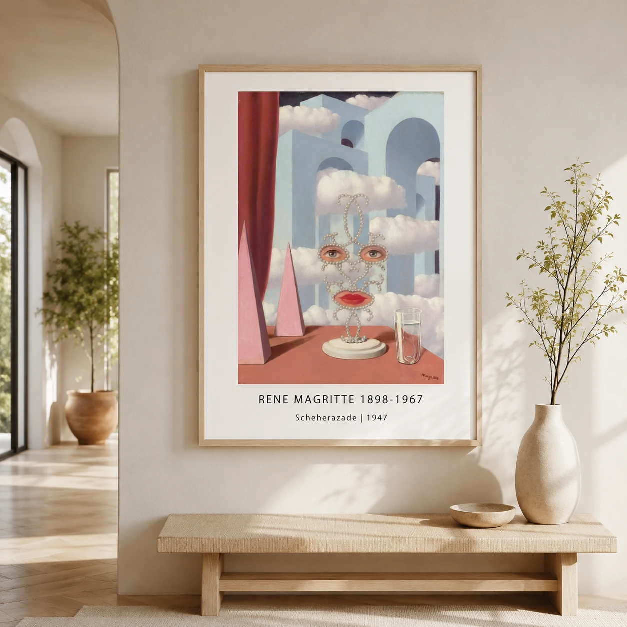 Room mockup of Scheherazade, Magritte Face and Clouds Wall Art Print, displayed as framed wall art in a living room setting as a portrait print.