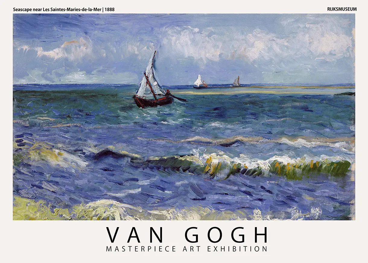 Classic Van Gogh Seascape Print - Saintes-Maries Ocean Wall Art Van Gogh Seascape Print Showing Sailboats On Churning Blue Mediterranean Waves With Thick White Foam.