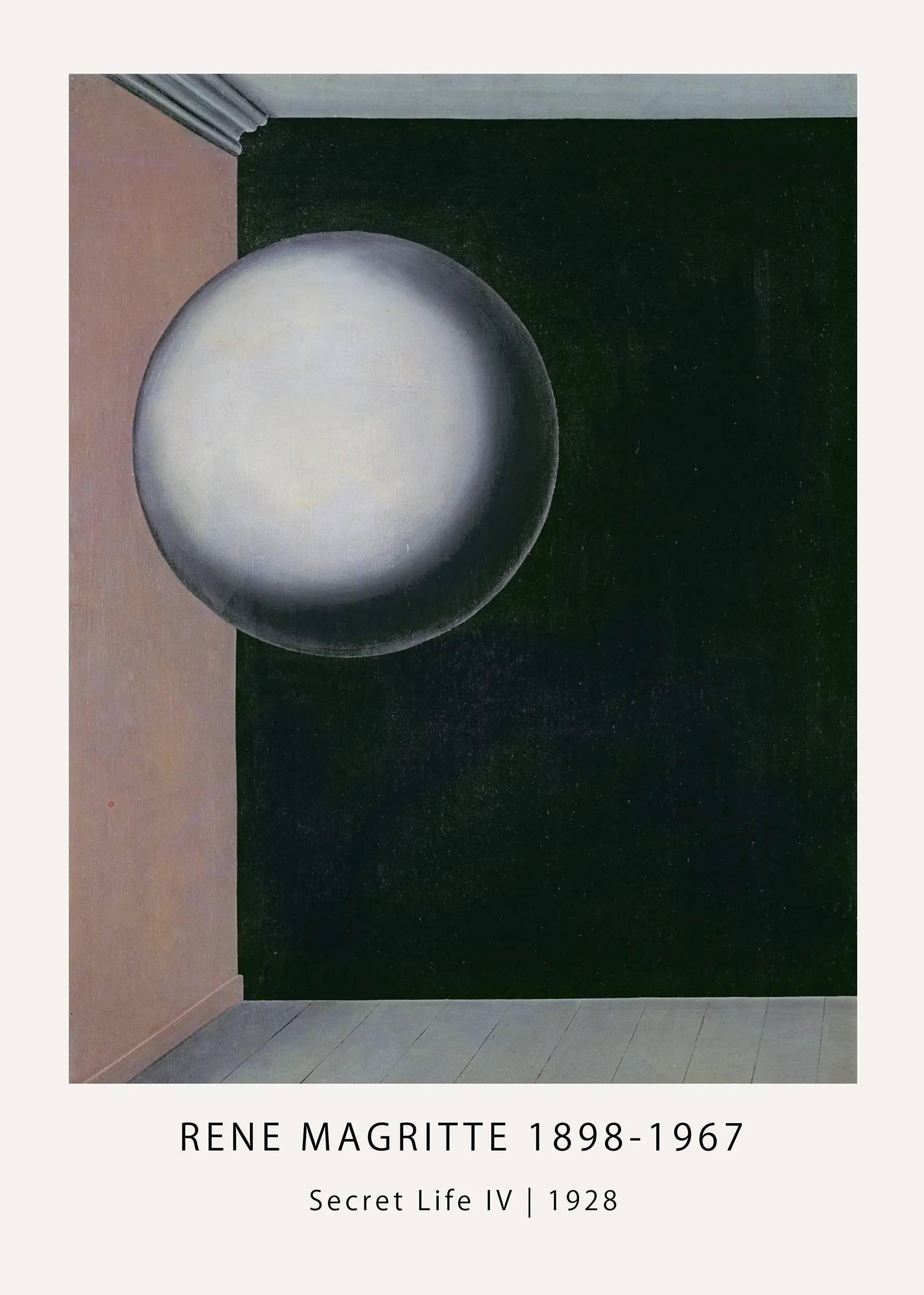 Rene Magritte print of Secret Life IV 1928 featuring a floating grey sphere in a dark corner of a room with wooden floors.