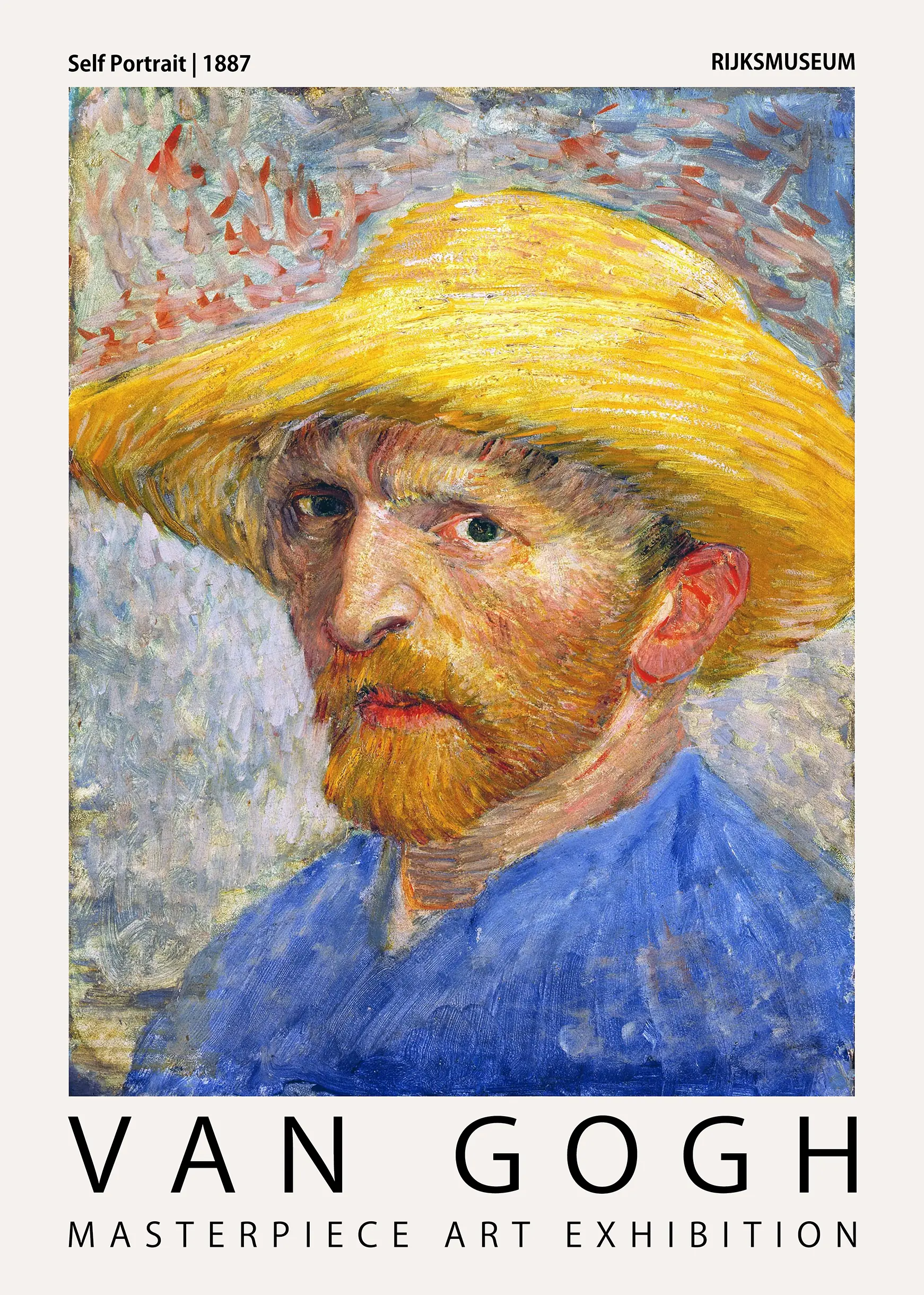 Van Gogh self portrait from 1887 with red beard and blue textured background for the Rijksmuseum exhibition poster.