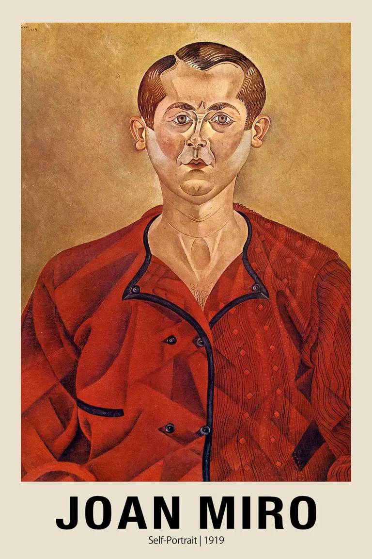 Joan Miro Self — this 1919 Joan Miro self-portrait features a geometric red garment and